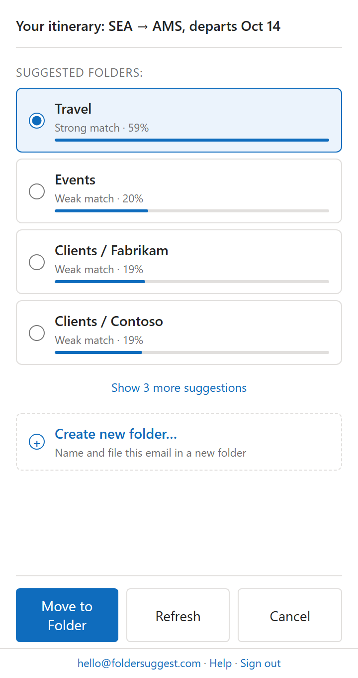 Folder Suggest showing a strong match for the Travel folder for a flight booking email