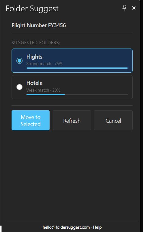 Folder Suggest showing a strong match suggestion for a flight booking email
